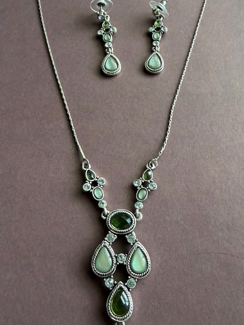1928 Silver-Tone Green Teardrop & Round Pendant Necklace with Matching Drops